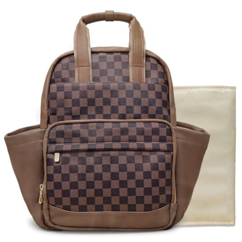 miss fong Small Diaper Bag - Baby Diaper Bag Backpack Checkered Diaper Bag with Changing Pad for Travel Daycare Mommy Diaper Backpack for Mom & Dad -Coffee
