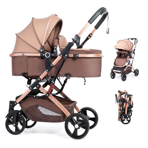 2 in 1 Baby Stroller Newborn Foldable Pushchair with Adjustable Canopy Folding High Landscape Infant Carriage, Anti-Shock Toddler Pushchair